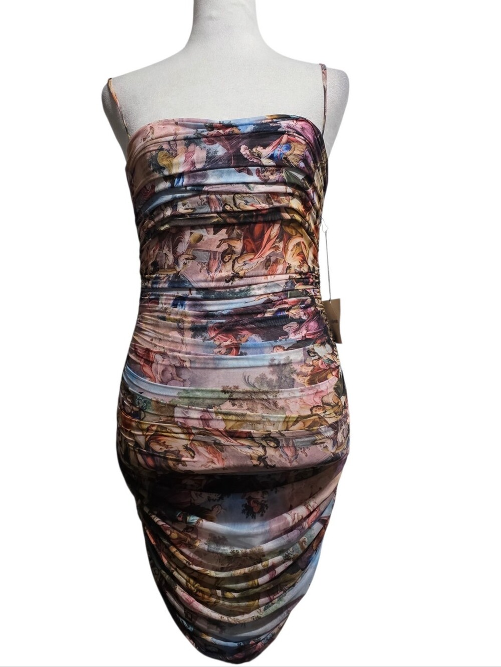 More To Come Ruched Mesh Renaissance Print Mini Dress Sz Small NWT Bodycon Party